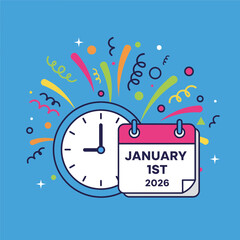 New Years Day 2026 calendar with clock and celebratory decorations.