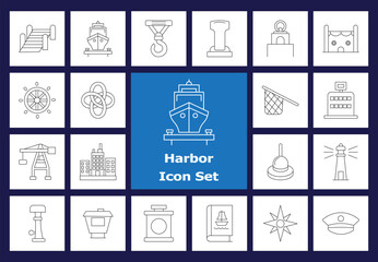 Minimalist Harbor and Port Line Icons. Thin Stroke Vectors of Ship, Crane, Mooring, Steering Wheel, Lighthouse, and Seafaring Elements.