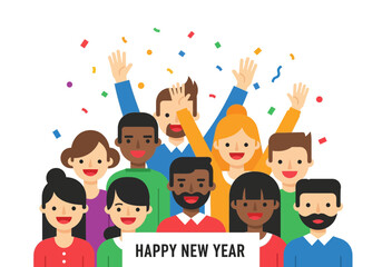 Cheerful diverse group of people celebrating Happy New Year with confetti.