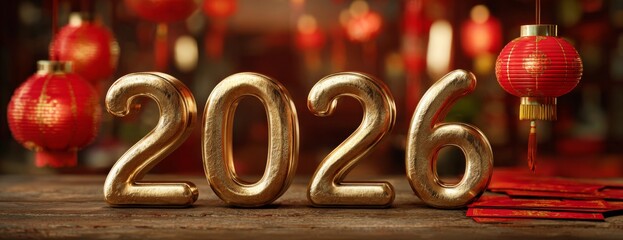 Obraz premium Golden numbers 2026 decorated with red lanterns for Chinese New Year, gretting card 