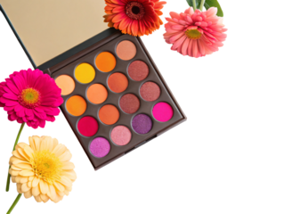 Colorful makeup palette surrounded by cheerful gerbera daisies in pink, orange, and yellow, isolated on a transparent background
