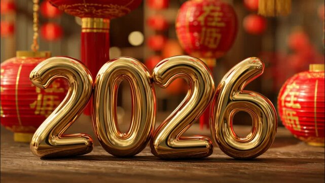 Gold 2026 numbers with Chinese lanterns in festive celebration setting  