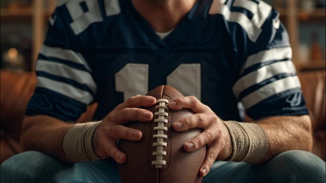 Man in American football jersey holding a football while sitting on the couch  