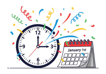 New Years Eve Celebration with Clock and Calendar Illustration.