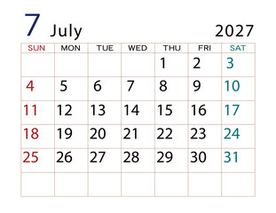 2027年カレンダー　7月