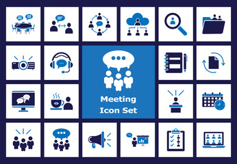 Business Meeting and Conference Flat Color Icon Set. Teamwork, Presentation, Discussion, Video Call, Cloud Network, and Office Symbols.