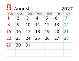 2027年カレンダー　8月	