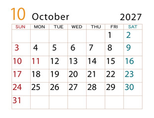 2027年カレンダー　10月	