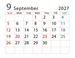 2027年カレンダー　9月	
