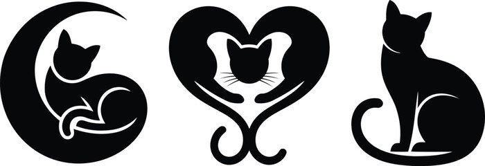 Black cat silhouettes showcasing a feline on a crescent moon, two embracing cats in a heart, and one sitting cat