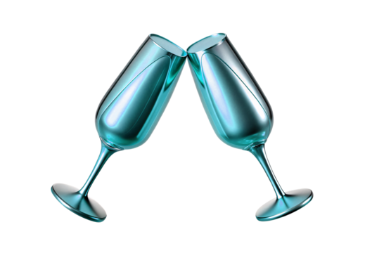 Two turquoise champagne glasses clinking together in celebration, isolated on a transparent background