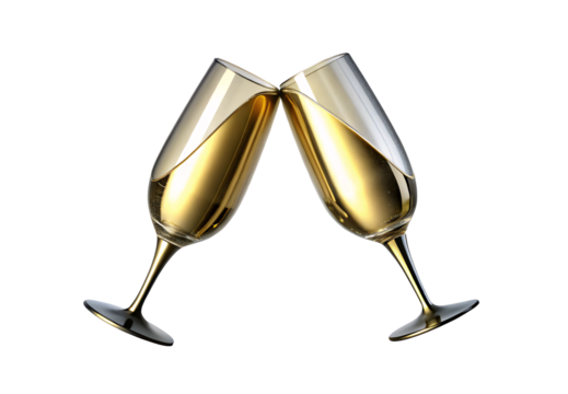 Two champagne flutes toasting with golden liquid, isolated on a transparent background