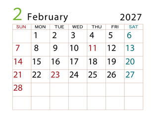 2027年カレンダー　2月	
