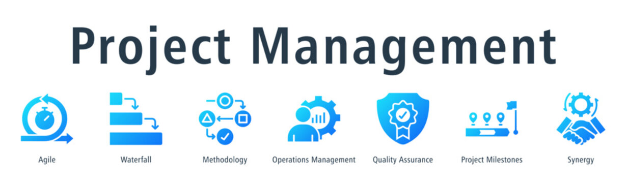 Project management web banner icon vector illustration concept with icon of agile, waterfall, methodology, operations management, quality assurance, project milestones, and synergy.