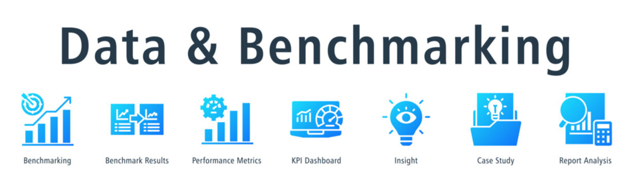 Data and benchmarking web banner icon vector illustration concept with icon of benchmarking, benchmark results, performance metrics, KPI dashboard, insight, case study, and report analysis.