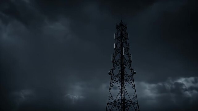 Tower Silhouetted Against Dark Stormy Sky with Bright Lightning Strike Illuminating the Clouds