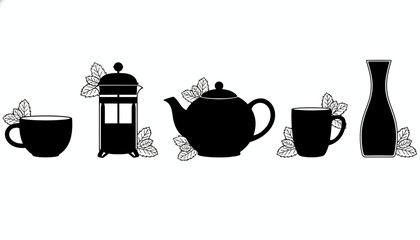 Herbal Tea Brewing Collection, Elegant Black Tea Utensils, Mint Infusion Still Life