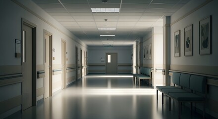 A long, empty hospital corridor with a bright light at the end, representing a sterile and quiet medical environment