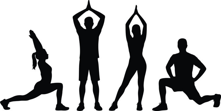Collection of diverse individuals showcasing various yoga and fitness poses in silhouette - Powered by Adobe