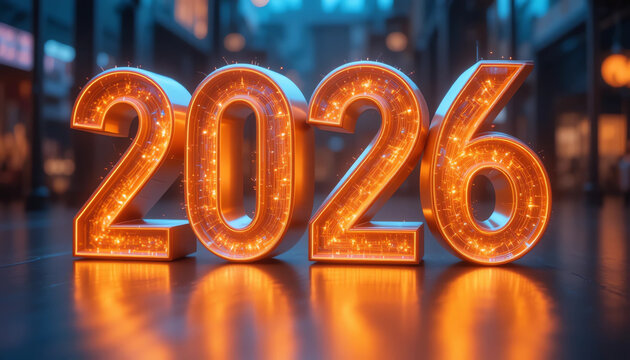 Hologram-style 2026 glowing numbers.