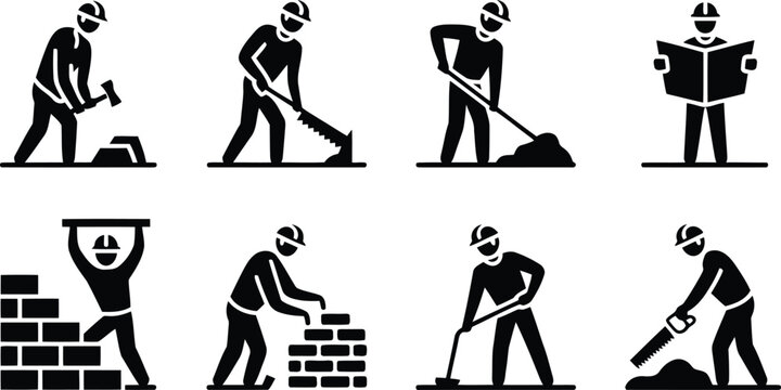 Collection of eight black silhouette icons showing various construction workers engaged in building activities