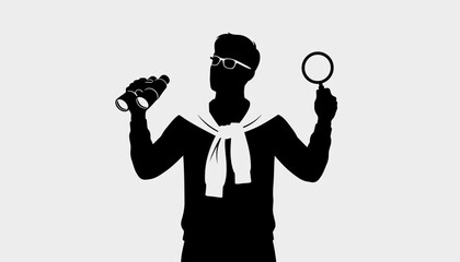 Stylish Man Searching with Tools, Silhouette of Investigation and Discovery, Elegant Spy Holding Binoculars