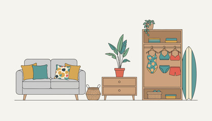 Surf and Swimwear Storage Cabinet, Minimalist Coastal Bedroom Interior, Line Art Furniture Outline