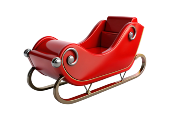 Red Santa sleigh with curved runners, isolated on a transparent background