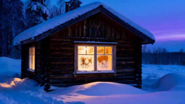 small wooden cabin in snowy landscape with warm glowing windows at blue hour, cozy winter scene, perfect for winter solstice