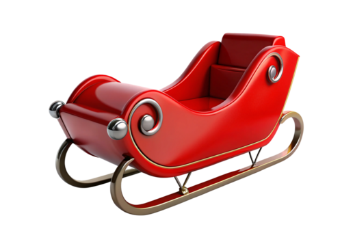 Red Santa sleigh with curved runners, isolated on a transparent background