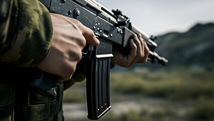 Close up of soldier holding a rifle in a field
