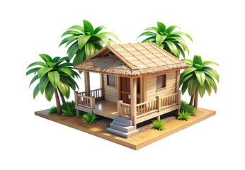 Tropical beach hut with palm trees, isolated on a transparent background