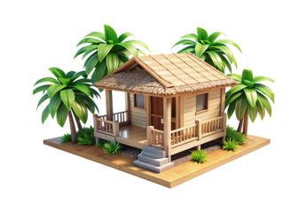 Tropical beach hut with palm trees, isolated on a transparent background