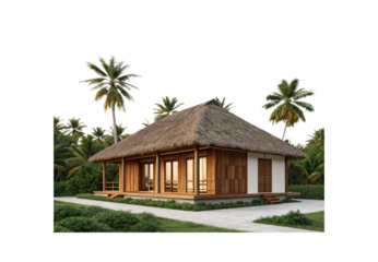 Wooden beach bungalow with thatched roof, isolated on a transparent background