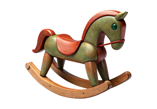 Green wooden rocking horse toy, isolated on a transparent background