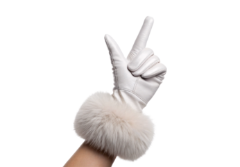 White leather glove with fur trim making peace sign, isolated on a transparent background