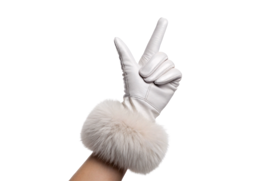 White leather glove with fur trim making peace sign, isolated on a transparent background - Powered by Adobe