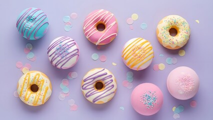 Assorted donuts with colorful icing and sprinkles on a light purple background with confetti pieces