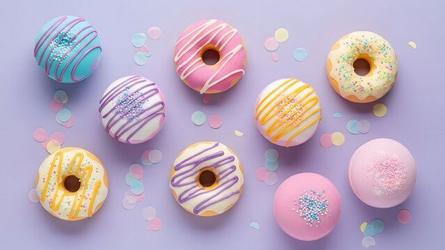 Assorted donuts with colorful icing and sprinkles on a light purple background with confetti pieces - Powered by Adobe
