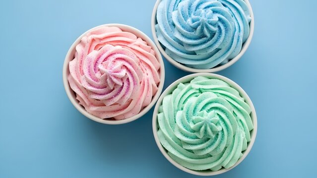 Aerial view of three bowls filled with pastel colored frosting on a light blue background