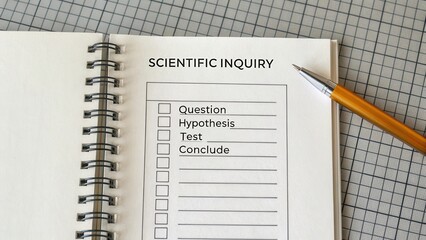 Notebook page featuring scientific inquiry process with checklist for question, hypothesis, test, and conclusion in educational setting