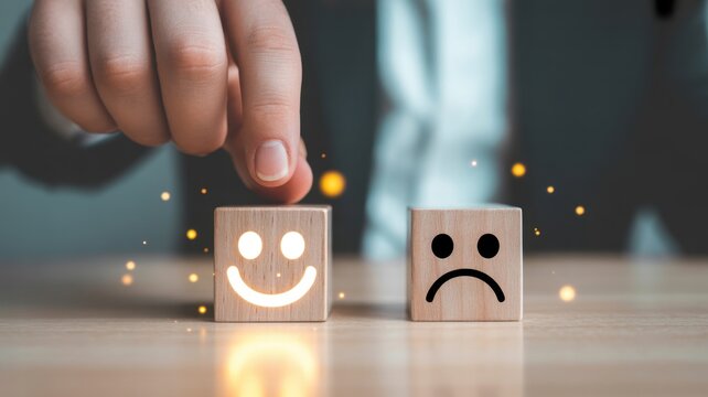 Customer Satisfaction: A businessman's hand interacts with wooden cubes depicting emotional states, symbolizing decision-making and business metrics