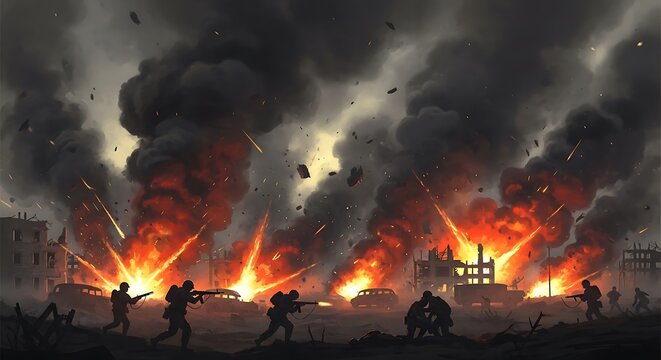 Intense Battlefield Scene - Explosions and Soldiers in Action.