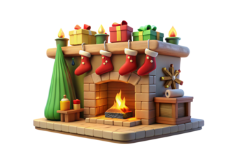 Cozy Christmas fireplace scene with hanging stockings, gifts, candles, and burning fire, isolated on a transparent background