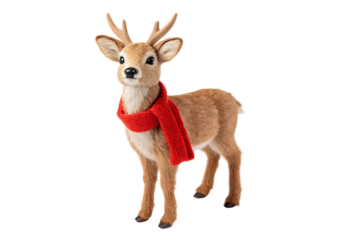 Realistic young deer with antlers wearing bright red winter scarf, isolated on a transparent background