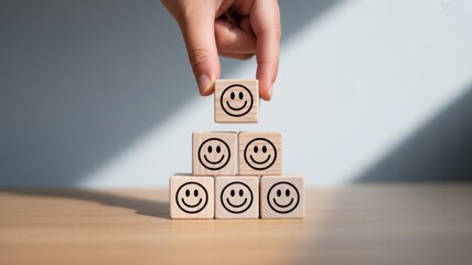 Building Happiness: A hand carefully places the final block with a smiling face on top of a pyramid, representing an individual constructing a foundation of well-being and positive reinforcement.