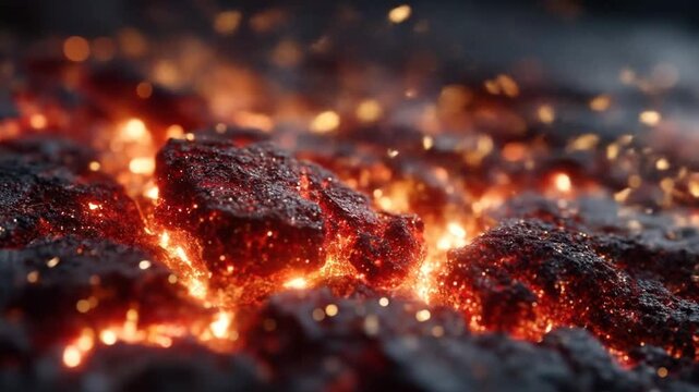 Close up of glowing embers with sparks and textured charcoal