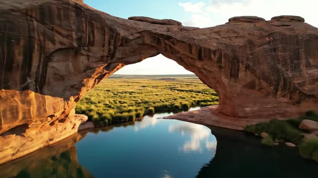Cinematic aerial footage of a massive sandstone arch reflecting in a calm river during golden hour.