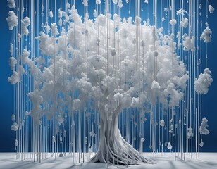 White surreal tree made of cloud-like crystals with long hanging filaments on a blue background. Conceptual image symbolizing sugar, glucose, metabolism, biology and medical innovation