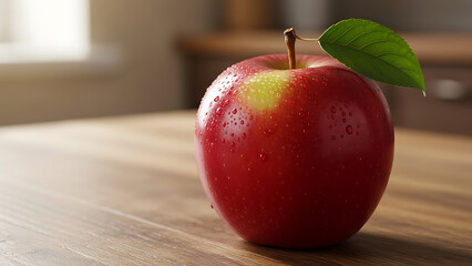 Close up of a red apple with water droplets and a green leaf on a wooden surface 4K and HD image